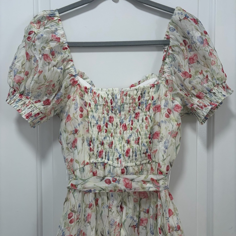 Lulus Galiena NWT size Small Ivory‎ Floral Tiered Puff Sleeve Midi Dress - Picture 12 of 14